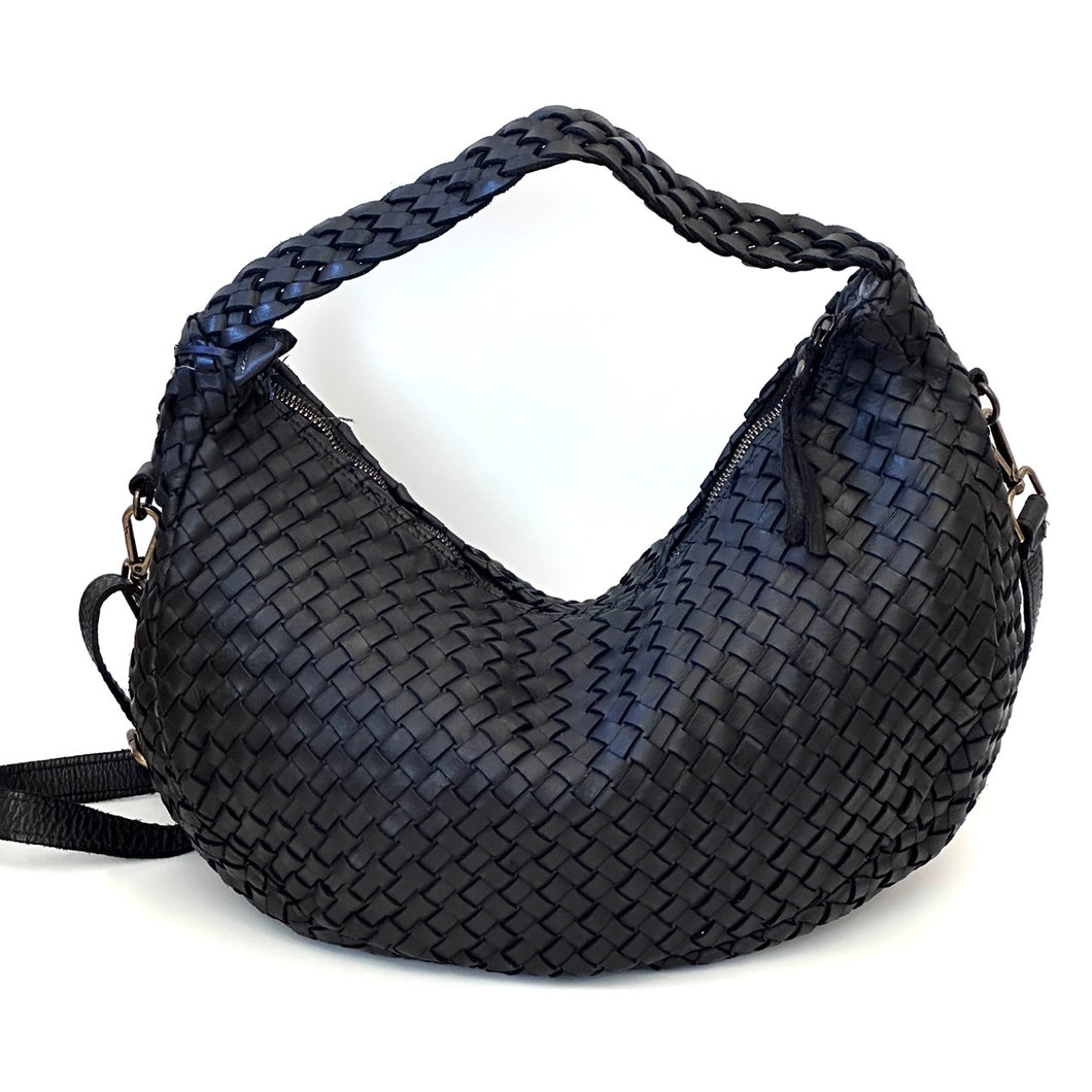 Borsa a sacca mezzaluna in pelle intrecciata  con manico intrecciato